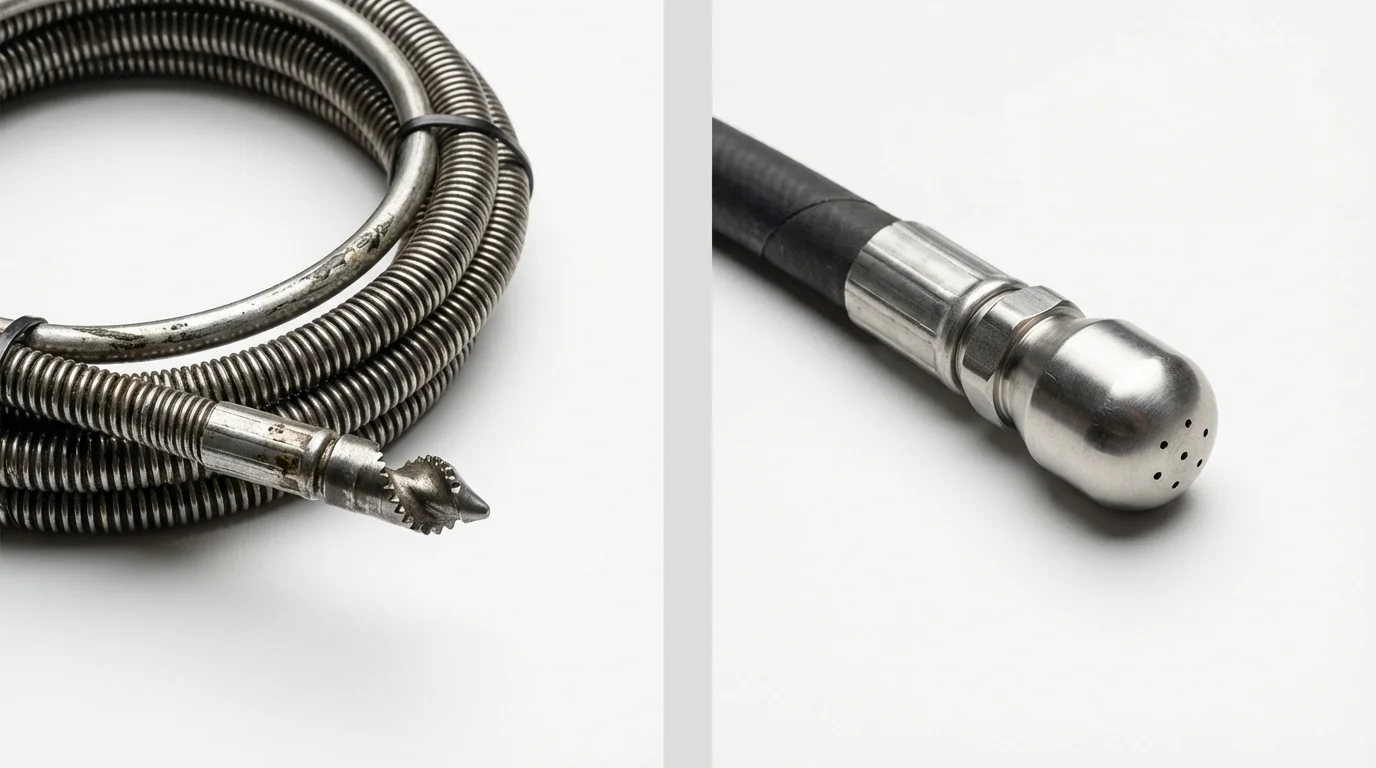 Drain snake cable and hydro jetting nozzle used for drain cleaning in Point Pleasant, WV