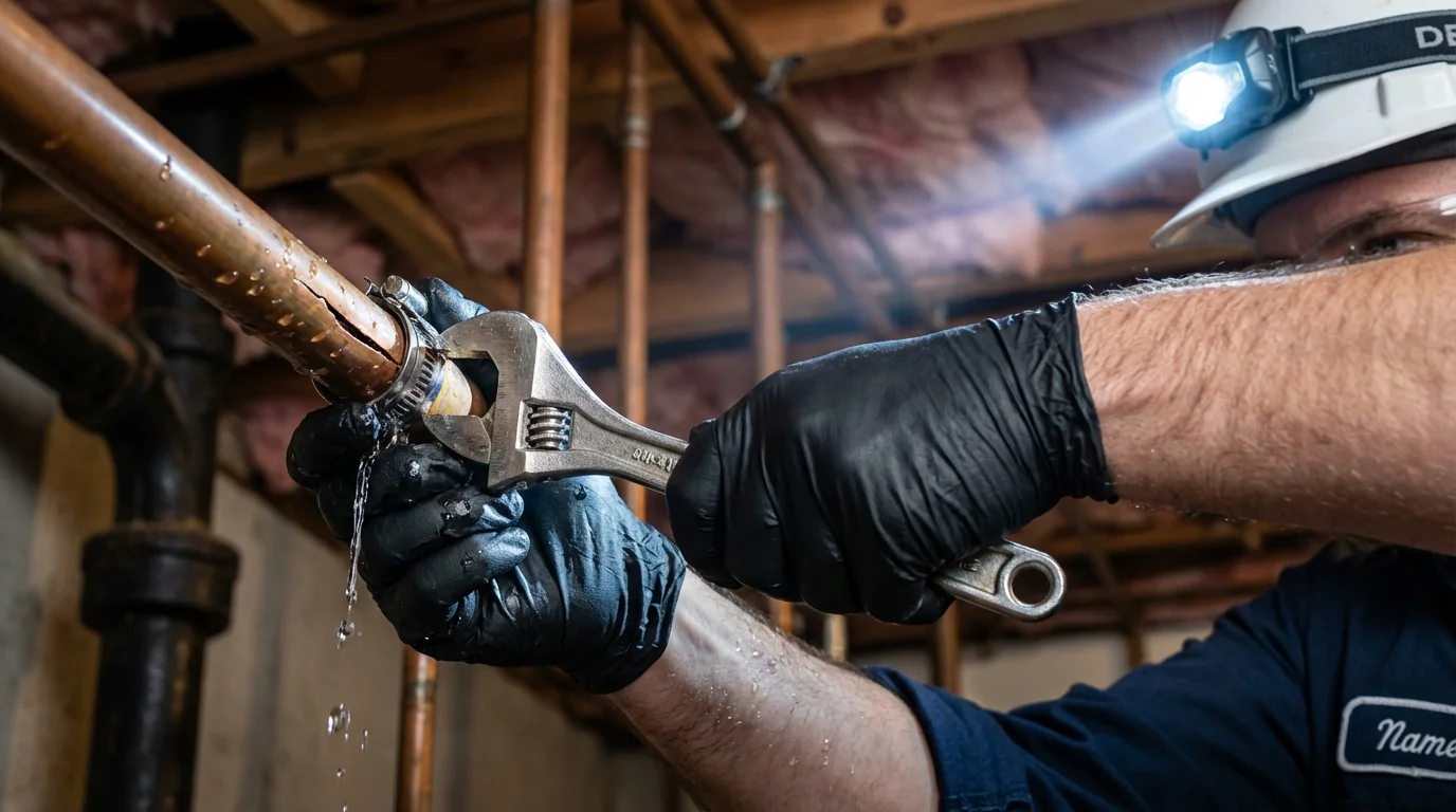 Emergency pipe clamp repair being performed by a Johns Plumbing LLC plumber in Point Pleasant