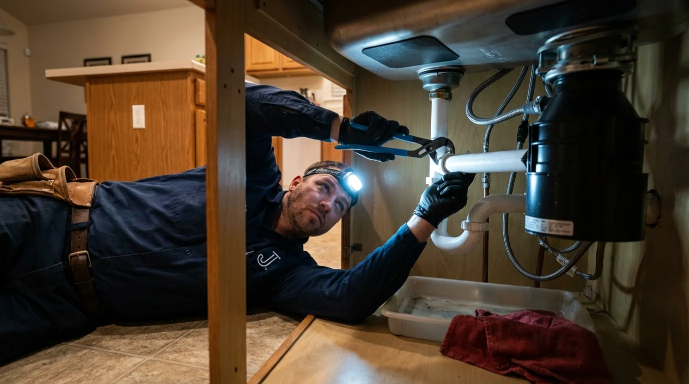 P-trap and supply line connections under a kitchen sink showing a common leak point in Point Pleasant, WV